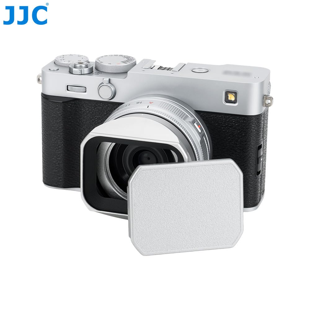JJC Metalowa kwadratowa osłona obiektywu do FUJIFILM XF 23 mm F2.8 R WR Fuji XF27mm F2.8, osłona przeciwsłoneczna obiektywu aparatu z osłoną maski, zastępuje oryginalny Fujifilm LH-XF27, srebrna