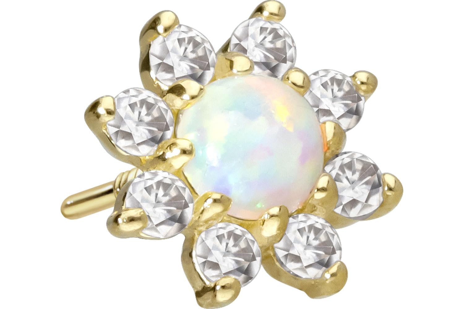PIERCINGLINE 14 Karat Gold Ohr-Piercing Schraubaufsatz mit Gewinde OHNE Labret Stecker MOISSANIT-BLUME + SYNTHETISCHER OPAL