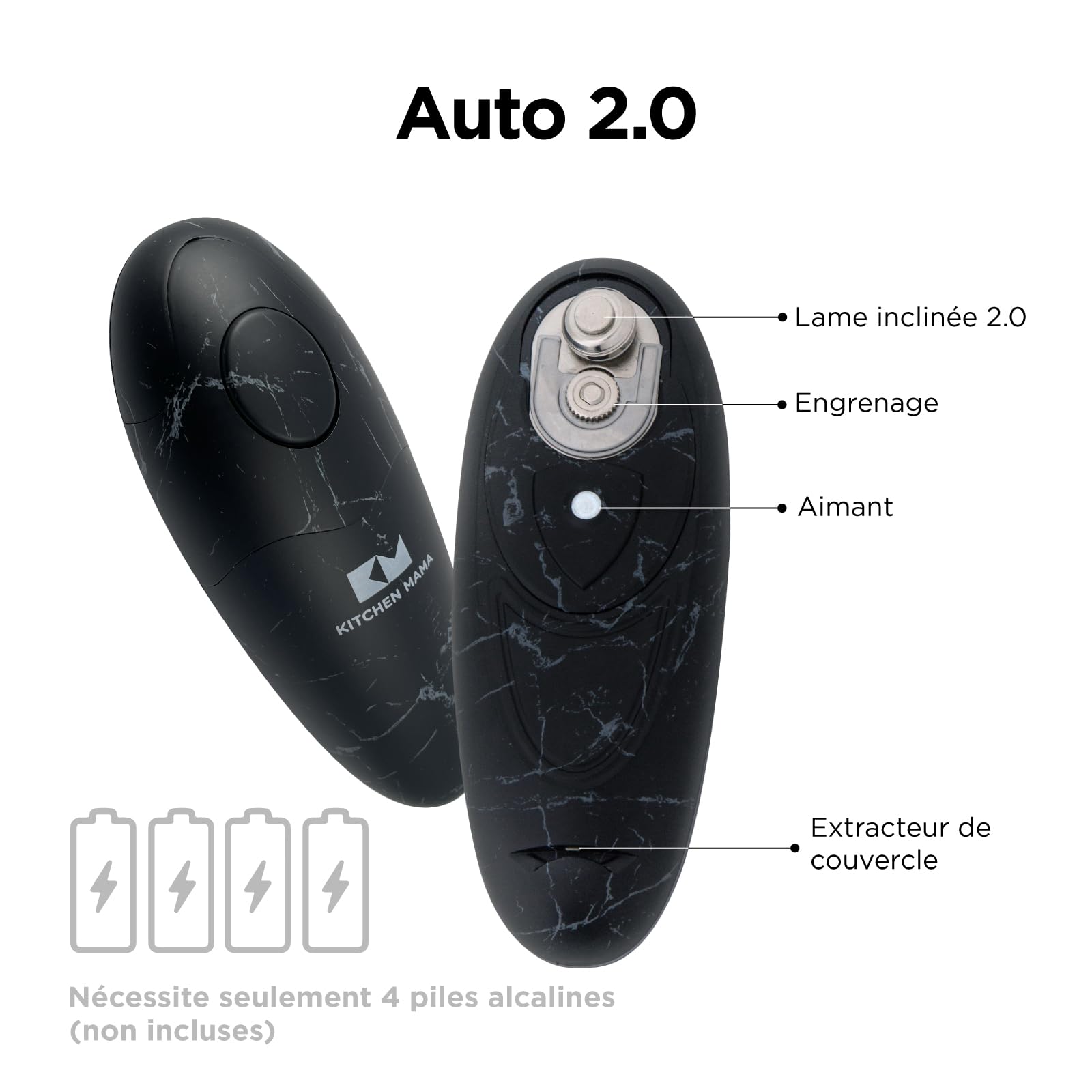 Kitchen Mama Auto 2.0 Ouvre-boîte électrique : la lame raffinée ouvre presque toutes les boîtes de conserve - automatique, mains libres, bord lisse, sans danger pour les aliments (Marbre noir)