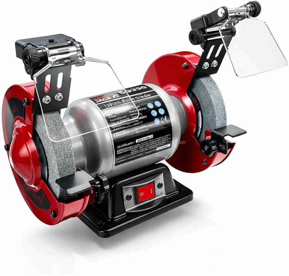 Lumberjack 6" Bench Grinder Heavy Duty 250W Grinding Machine with LED Work Lights, Magnified Safety Shield, Medium & Coarse Grinding Wheels, Powerful Workshop Sharpening Tool