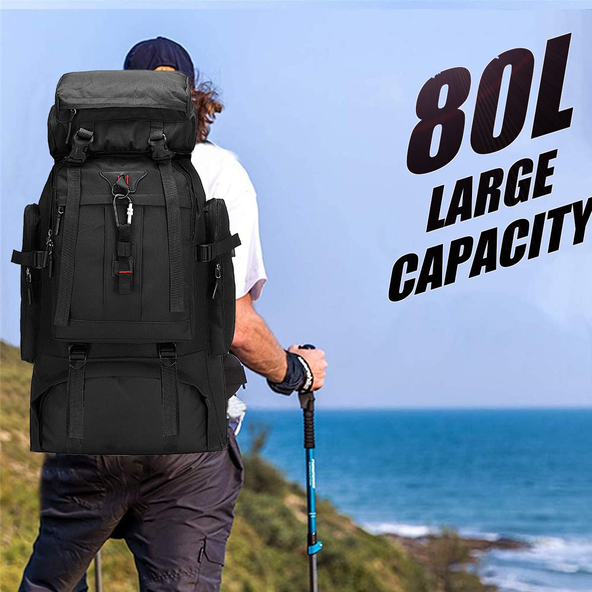 A-QMZL Sac à dos de randonnée 80L, Sacs de randonnée pour l'alpinisme, Sac de voyage imperméable pour la randonnée, le camping et le tourisme pour homme et femme, Noir , L
