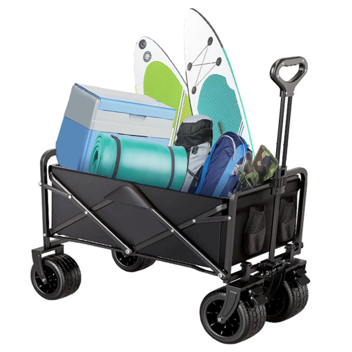 Carrello Spiaggia Ruote Grandi Carrello Pieghevole Trasporto con Ruote Rimovibili Braccioli Regolabili e Tasche Laterali per Rimorchio Giardino Campeggio all'aperto Ogni Tipo di Terreno
