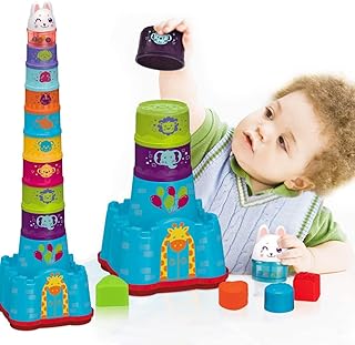 Aitbay Baby Stacking Cups for 1 2 3 Year Old, Stacking & Nesting Toys Castle Shape Sorter Game, Early Learning Educational Toys Baby Building Set Stacking Cups for Toddlers 12 18 Month (15 PCS)