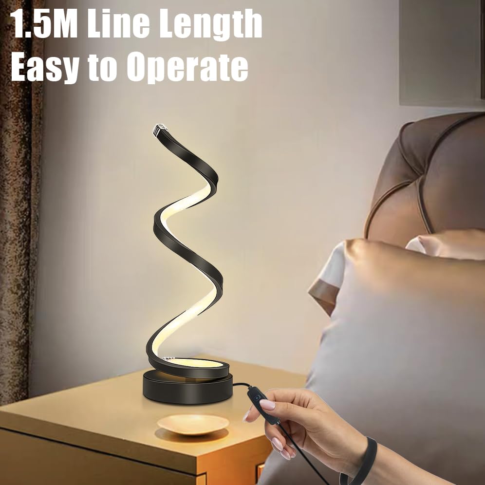 Black Bedside Lamps for Bedroom,12W(Each),Bedside Lamps Set of 2 Dimmable,Led Spiral Table Lamp for Living Room,Decorative Desk Light,Desk lamp Home Office,Nightstand,Side Table End Modern Minimalist - Image 2