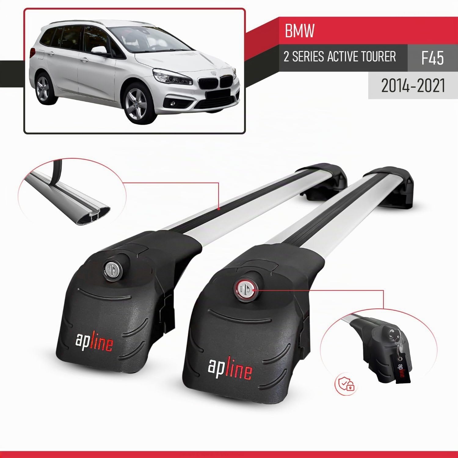Compatibile con BMW Serie 2 (F45) Active Tourer 2014-2021 Modello ACE-2 Barre Tetto Portapacchi Auto Barre Portatutto Grigio Alluminio 2 Barre
