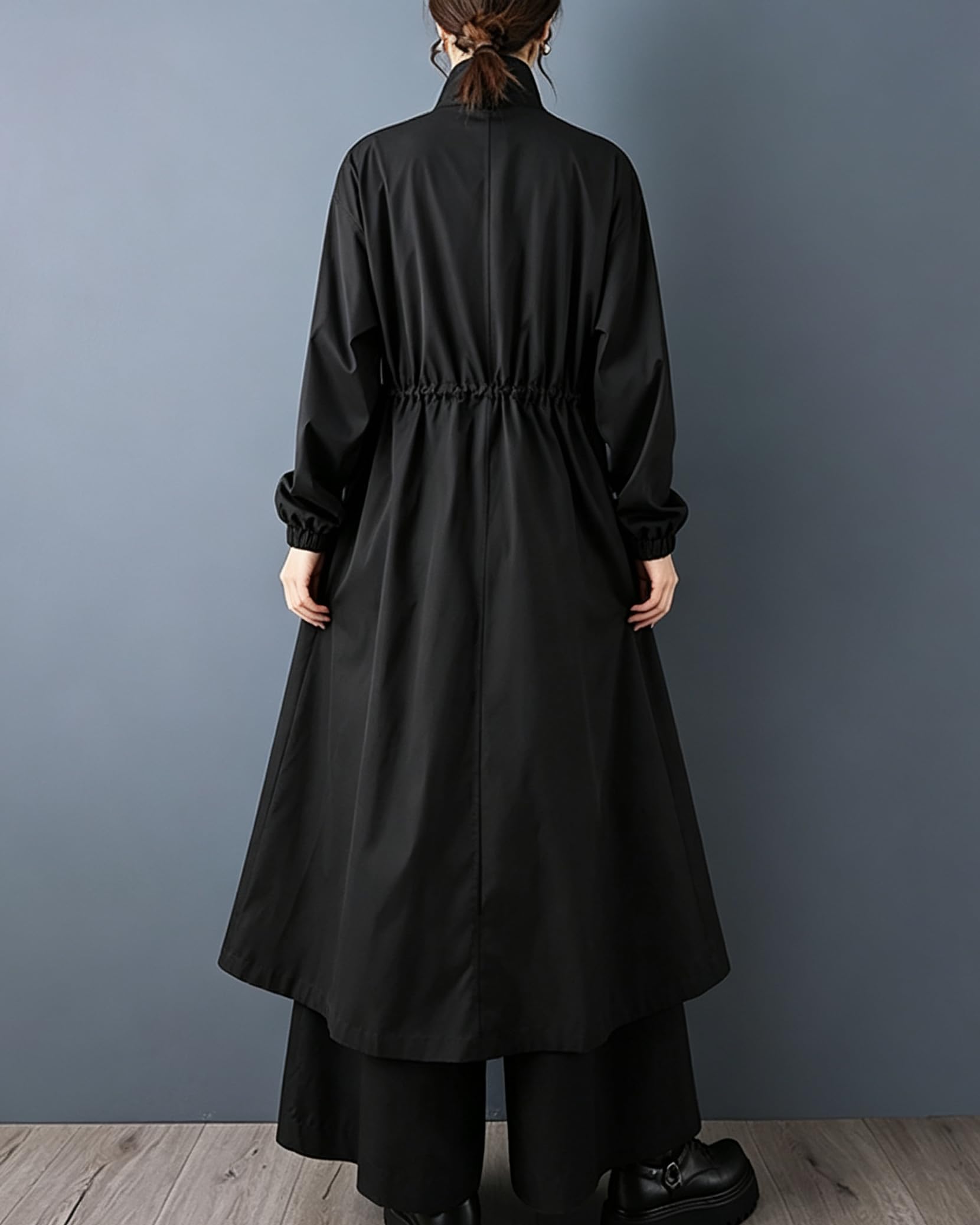 ellazhu Manteau pour femmes, col montant, fermeture éclair, cordon de serrage, uni, manches longues, poches latérales, ourlet long GZ723 A
