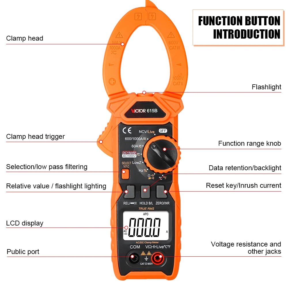 GuliTech VICTOR 615B Digital Clamp Meter Multimeter 5999 Counts, Measures AC/DC Voltage Current Resistance Capacitance Frequency Temperature Live Wire Diode Continuity Test (VICTOR 615B)