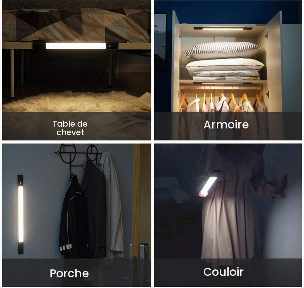Éclairage LED sous armoire, 80 cm, rechargeable avec détecteur de mouvement, lumière de nuit pour armoire, cuisine, couloir (noir, 80 cm)