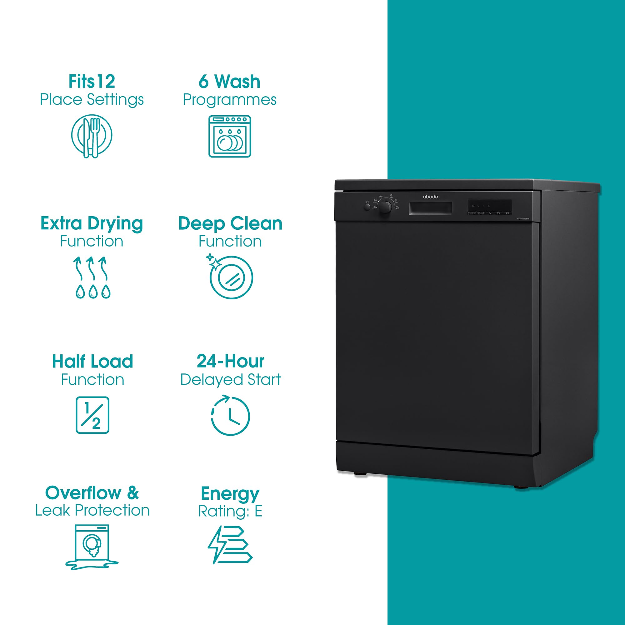 Abode Freestanding Dishwasher Class E with 12 Place Settings, 6 Wash Programs, 24-Hour Delay Start, Removable Cutlery Basket & Deep Clean Function in Black A60DW00E1B — view 2