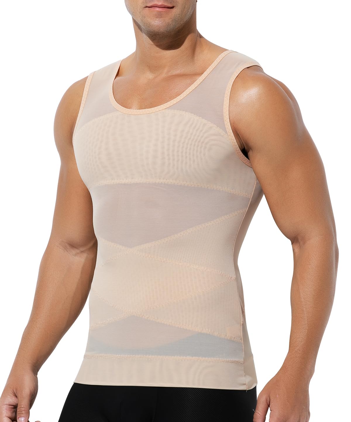Casey Kevin Shapewear męska koszulka kompresyjna, A3-beżowy, M | Elastyczny podkoszulek wyszczuplający brzuch męski Body Shaper Tank Top bez rękawów Kompresja 25-30 mmHg
