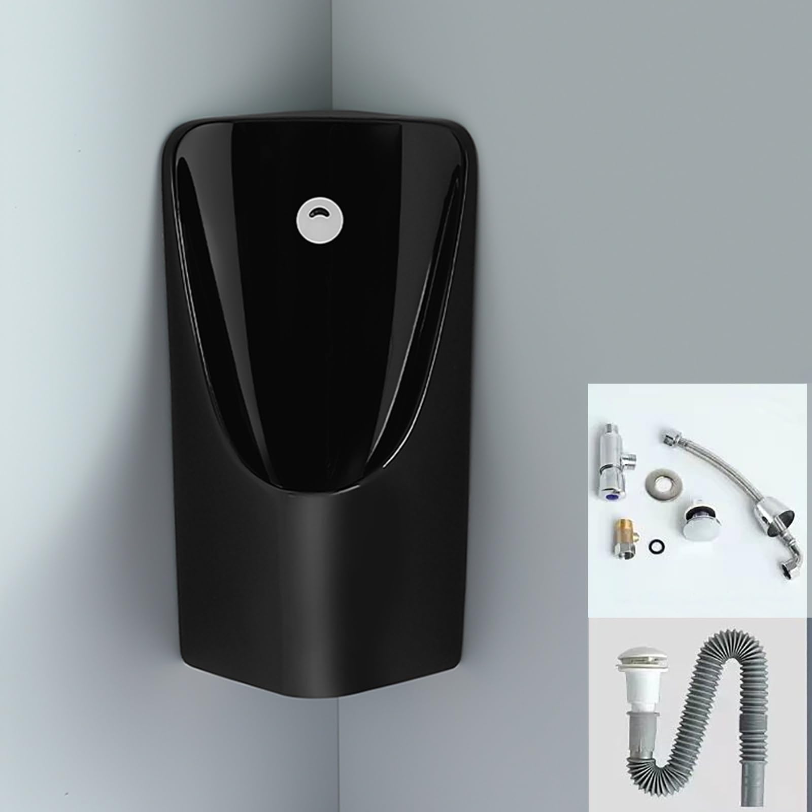 FHRKA Corner Urinals for Men Spill Proof, Automatic Induction Flushing(Each Flush Uses 0.5-1 Gallon), Bathroom Ceramic Urinal (Black)