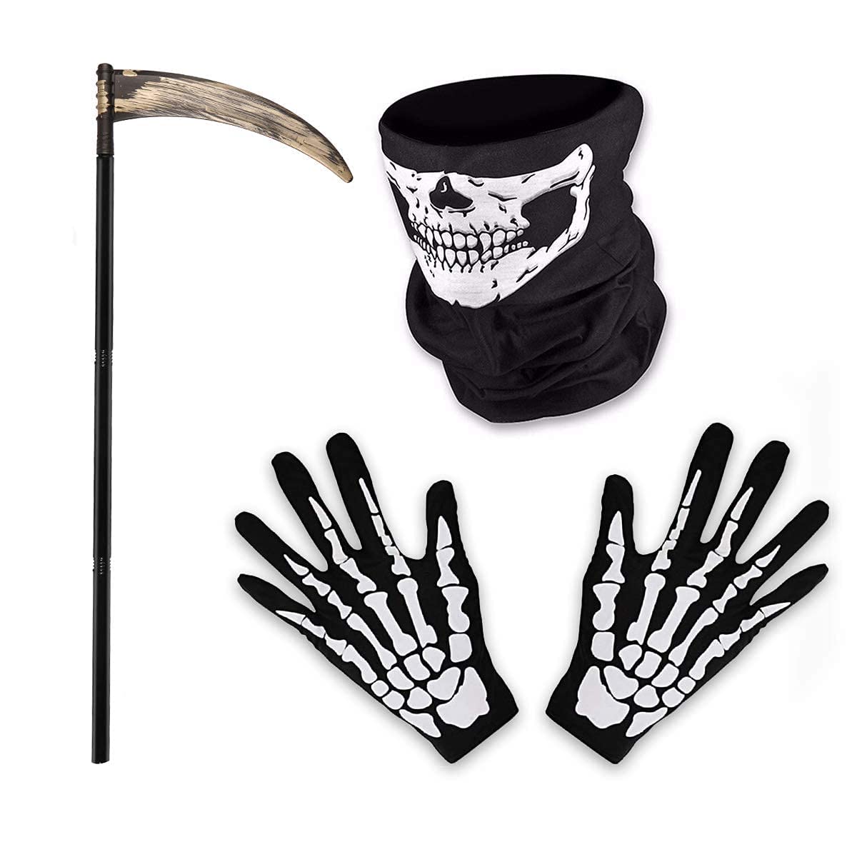 Costume Faucheur Halloween – Faucille 95cm, Gants Et Serviette Crâne (adulte Unisexe)