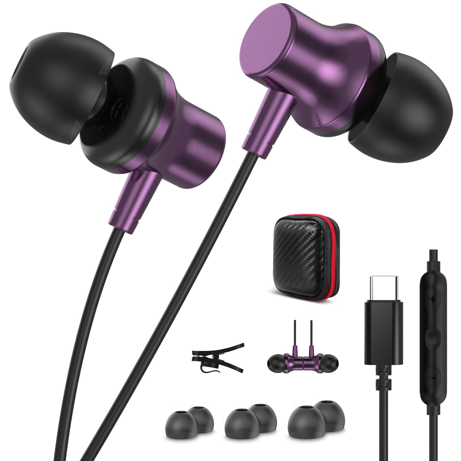 Jiunai USB C Earbuds for iPhone 15, Type C Wired Ear Bud with Mic Volume Control in Ear Magnetic Noise Isolation Corded USB-C Headphone for iPhone 15 Pro Max Plus iPad Pro M4 Air M2 Macbook Purple