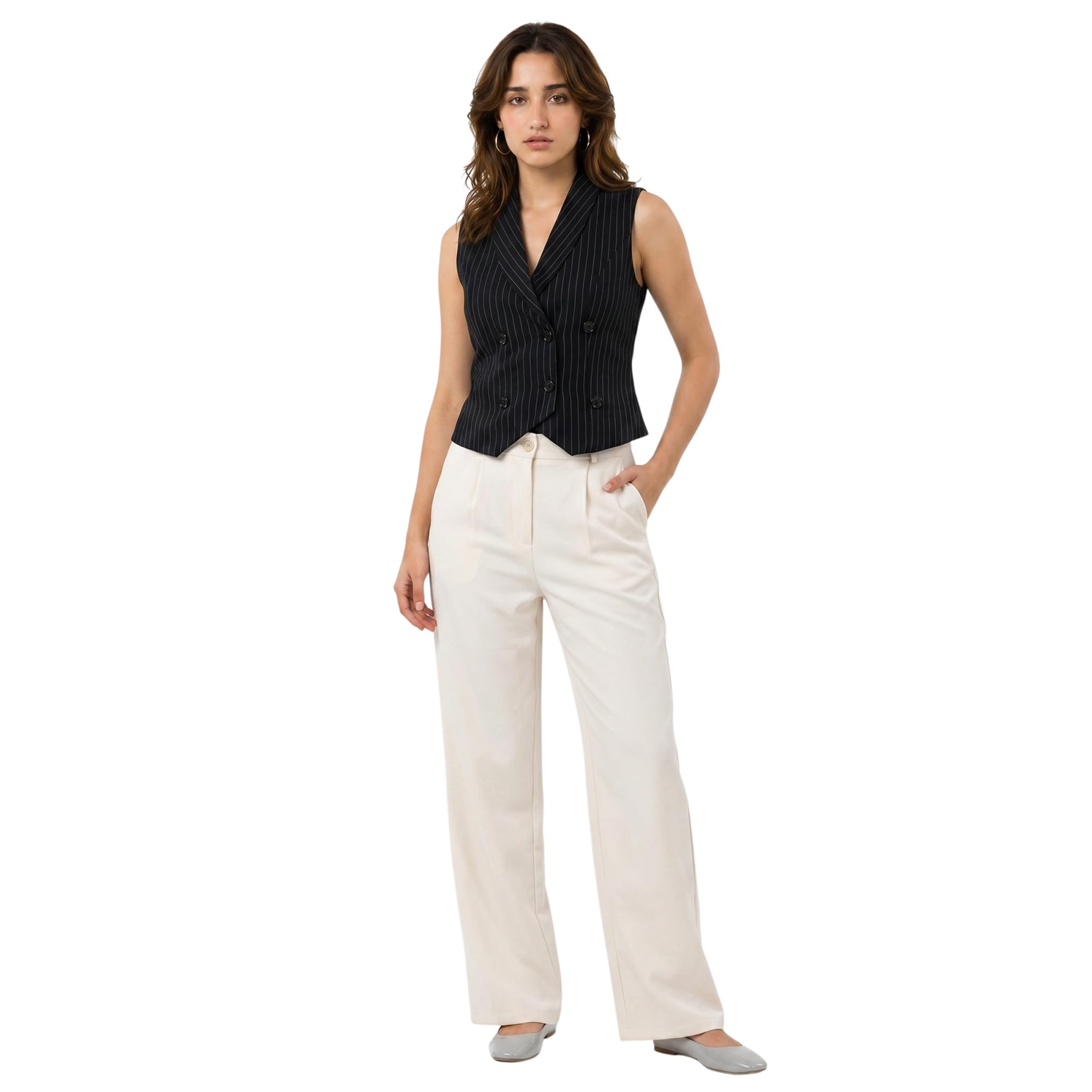 Women Striped Double-Breasted Waistcoat with Off-White Trousers | Stylish Office Wear Co-Ord Set-image-1