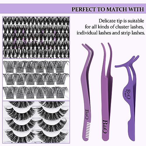Eyelash Applicator Tool 3 PCS Lash Applicator Tool Kit B&Q Lash Tweezers for Eyelash Extensions Lash Extension Tweezers for Individual Lashes Application Tool and Removal (Purple,3 PCS)