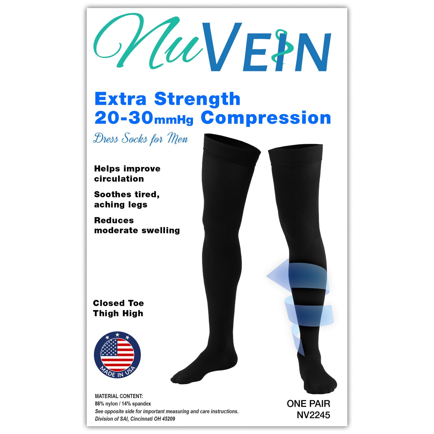 NuVein Men's Compression Socks, 20-30 mmHg Support, Dress Trouser Style, Thigh High Length, Black, Medium