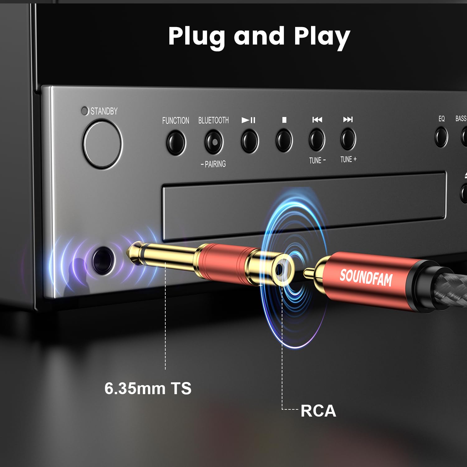 Adattatore Audio RCA a Jack 6,35mm 2 Pezzi - 6,3mm 1/4'' TS Maschio a RCA Femmina (Mono, 24K Dorati, Rosso)
