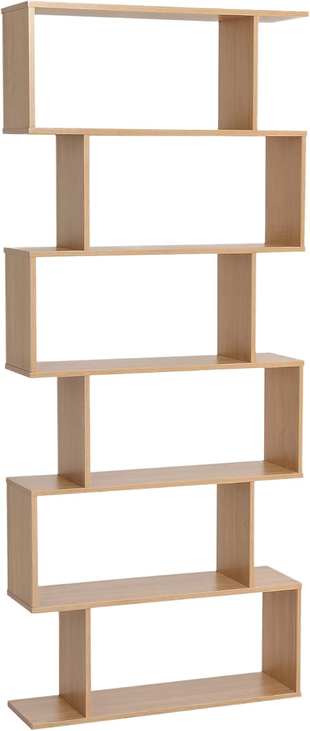 HOMCOM 75.5" H Bookcase 6 Shelf S-Shaped Bookshelf Wooden Storage Display Stand Shelf Organizer Free Standing Oak
