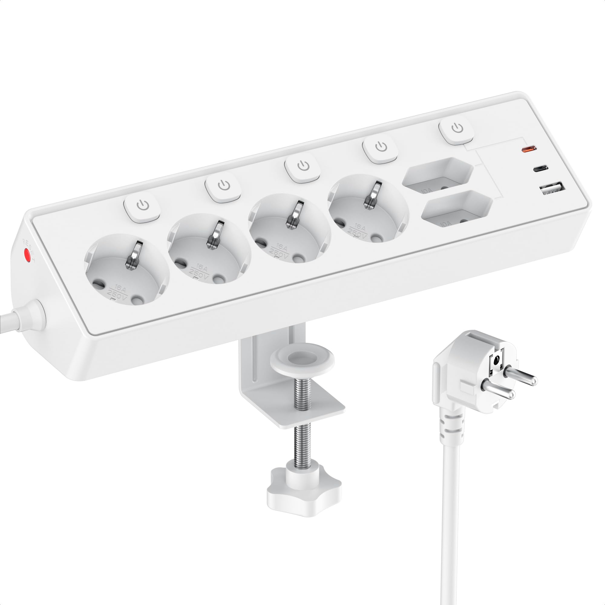 6 Fach Steckdosenleiste mit 3 USB PD 30W, Kemelo Mehrfachsteckdose mit Schalter, 9 in 1 Tischsteckdose Überspannungsschutz Schreibtisch Zubehör, 3m Verlängerungskabel Schreibtisch Steckdose, Weiß