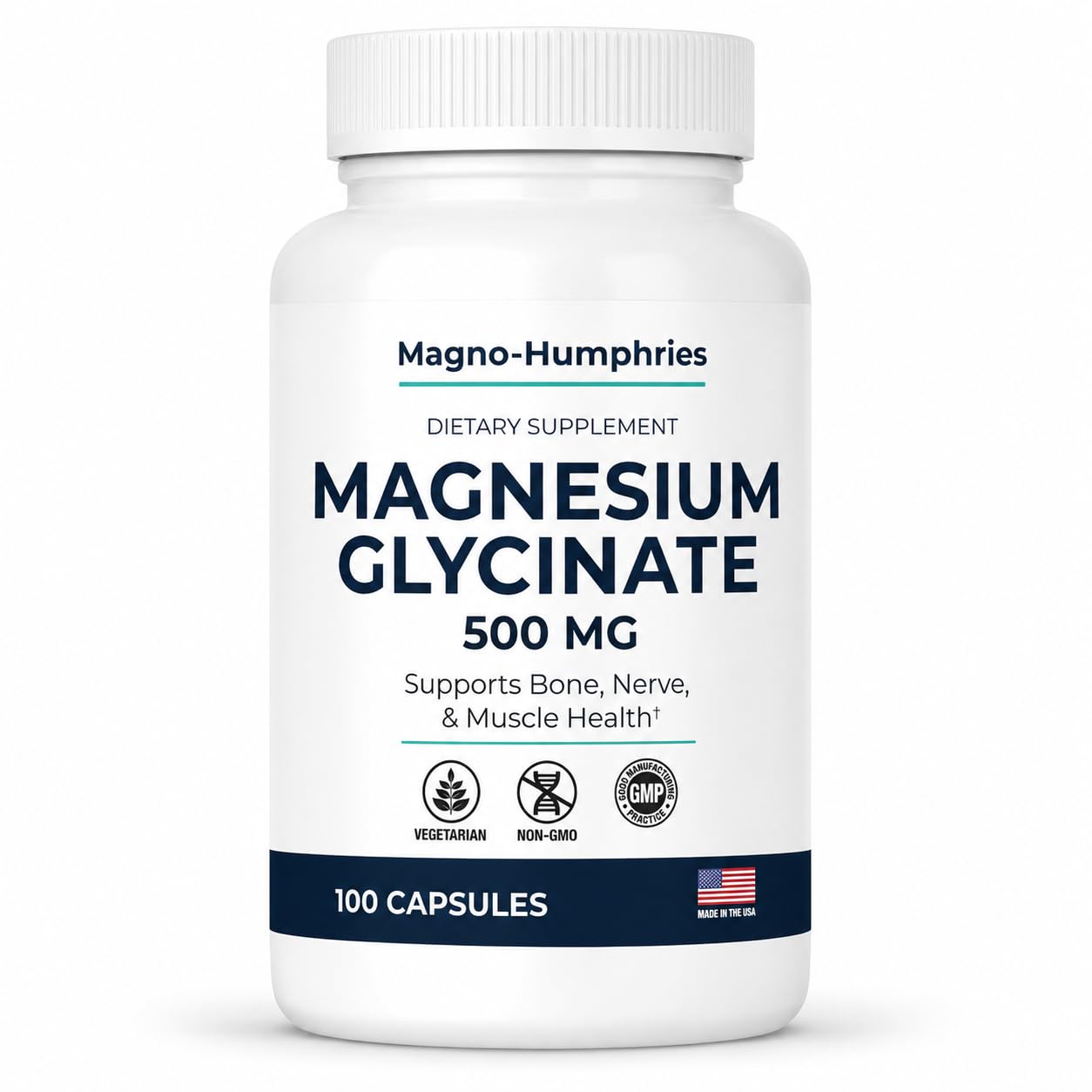 Magnesium Glycinate 500 mg - 100 Capsules | Gentle Chelated Form | Muscle, Nerve & Bone Support | Dietary Supplement | GMP Manufactured in the USA