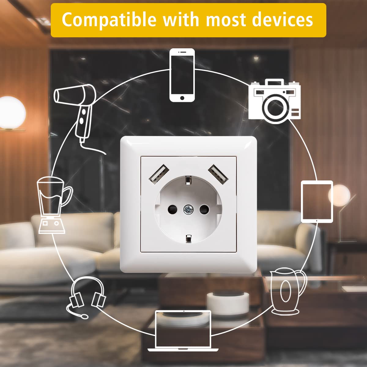 Lot de 2 prises avec port USB (maximum 3,4 A) encastrées Schuko USB - Blanc - Système 55 - Blanc pur brillant - Prise murale avec contact de protection - Prise encastrée standard pour smartphone MP3