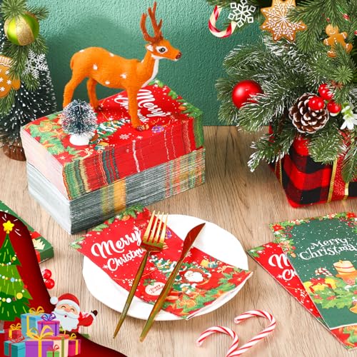 Cholemy 100 Pcs Christmas Napkins Paper 3 Ply Red Green Disposable Paper Hand Towel Christmas Guest Towels Hand Napkins Towels for Xmas Bathroom Kitchen Room Party Supplies 3.9 x 7.9 Inch – Image 7