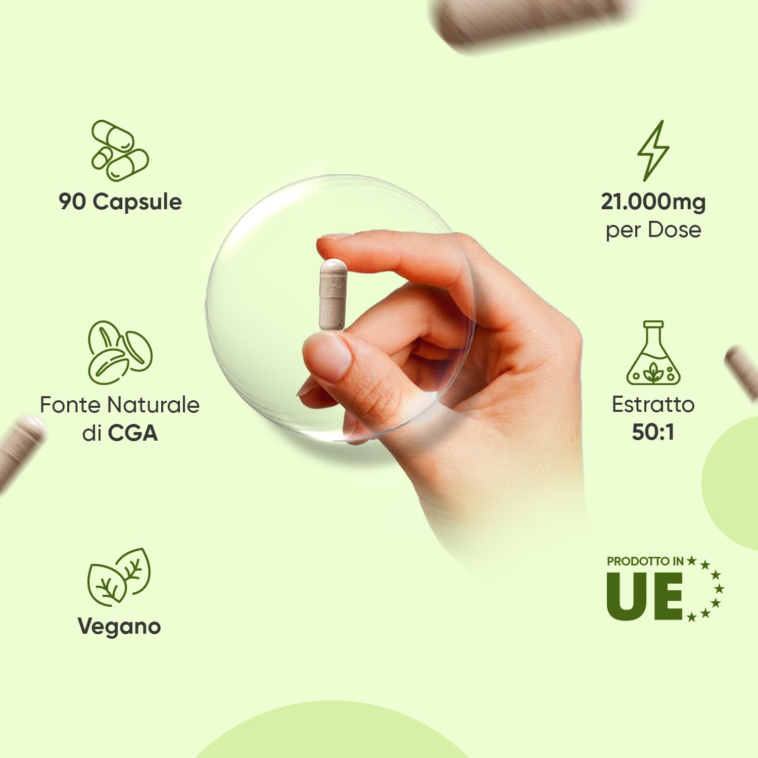 Caffè Verde Puro Vegano da 21.000mg, Estratto 50:1, Fonte Naturale di CGA, 90 Capsule, Caffe Verde dalla Pianta Coffea Arabica, Green Coffee Beans, Senza Magnesio Sterarato e OGM, Prodotto in Europa
