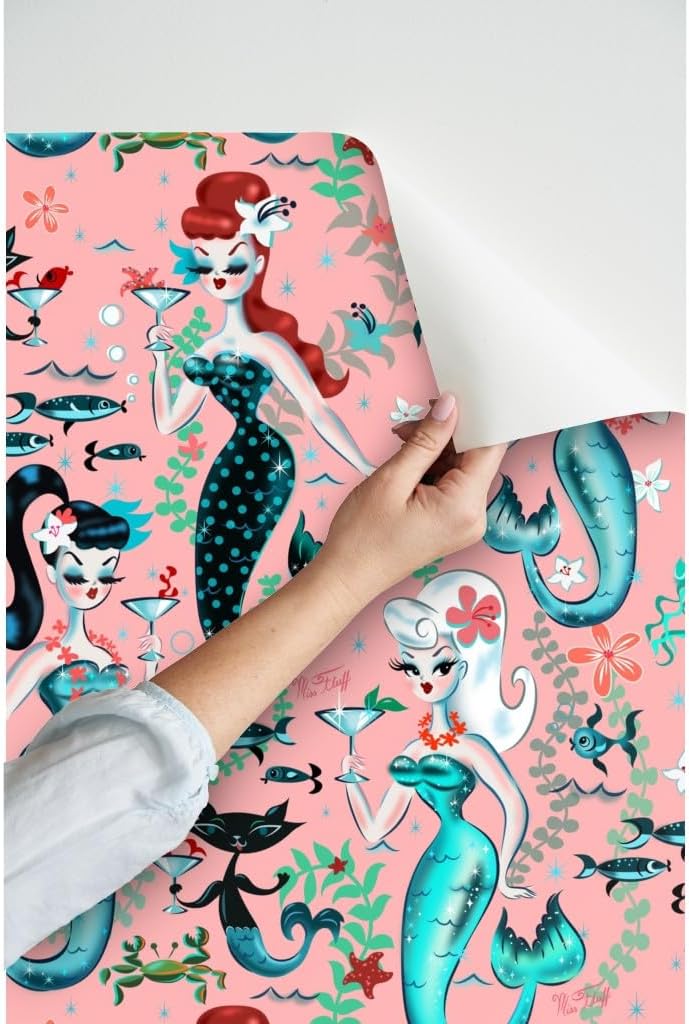 Spoonflower Peel & Stick Wallpaper 3ft x 2ft - Martini Mermaids Coral Vintage Mermaid Retro Nautical Mid Century Ocean Princess Custom Removable Wallpaper