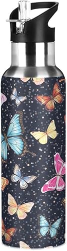 Stainless Steel Water Bottle 20 Oz, Leakproof Water Bottles for Gym Outdoor Travel School, Colorful Butterflies Black