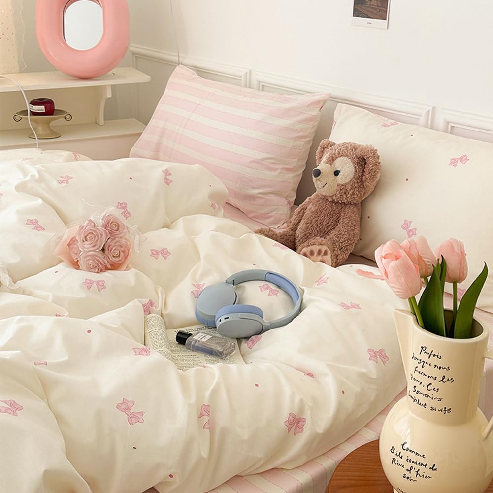 Nayoroom Bow Duvet Cover Queen Size 100% Cotton White Pink Striped Reversible Coquette Bedding Set 3 Pcs Soft Breathable Cute Aesthetic Comforter Cover with Zipper Closure Gift for Women Girls Pink Bow Striped Queen