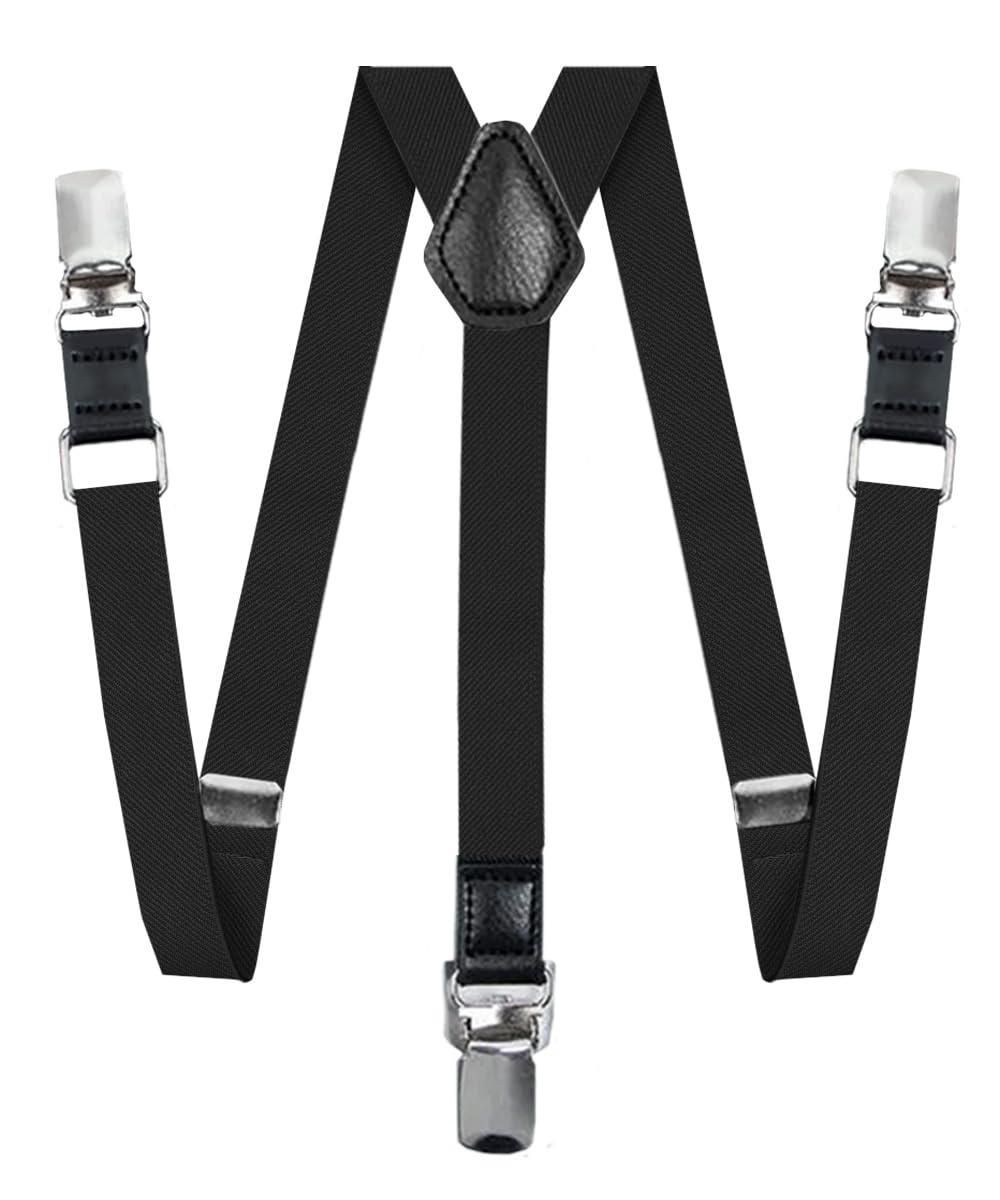 Vittorio Farina Boy's Silver Clip End Suspenders - Adjustable Elastic Suspenders for Boys (Black)