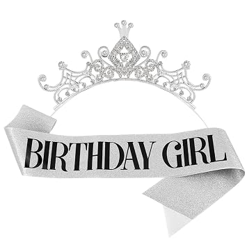 AOPRIE Birthday Girl Headbands for Women Birthday Sash Tiara & Crowns for Girls Happy Birthday Accessories Favor Supllies Black Silver White, 2 Pack