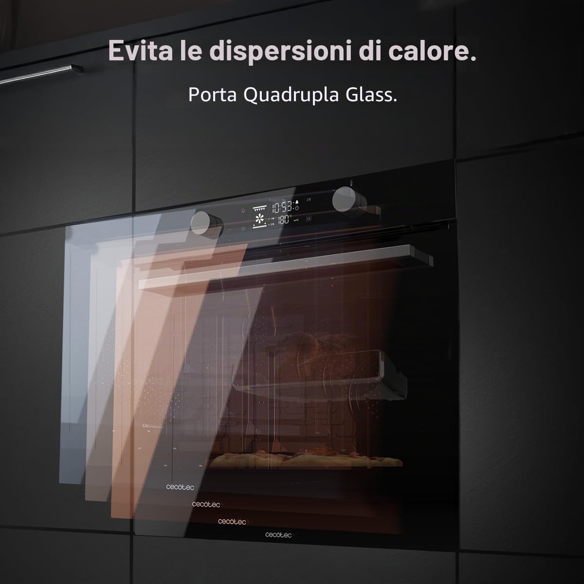 Cecotec Forno da Incasso Multifunzione Pirolitico Bolero Hexa P526000 Glass Black A. 2800W, 73L, 9 funzioni: Defrost, Convenzionale, Grill, Pirolisi. Display Touch, Cooling Fan, Porta Vetro, Classe A