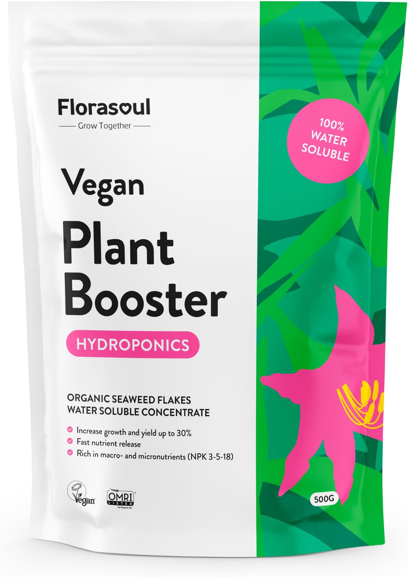 – Vegan Hydroponic Plant Food | High-Nutrient Seaweed Extract (NPK 3-5-18) | 500g Makes 350L | 100% Water Soluble | For Growth & Yield