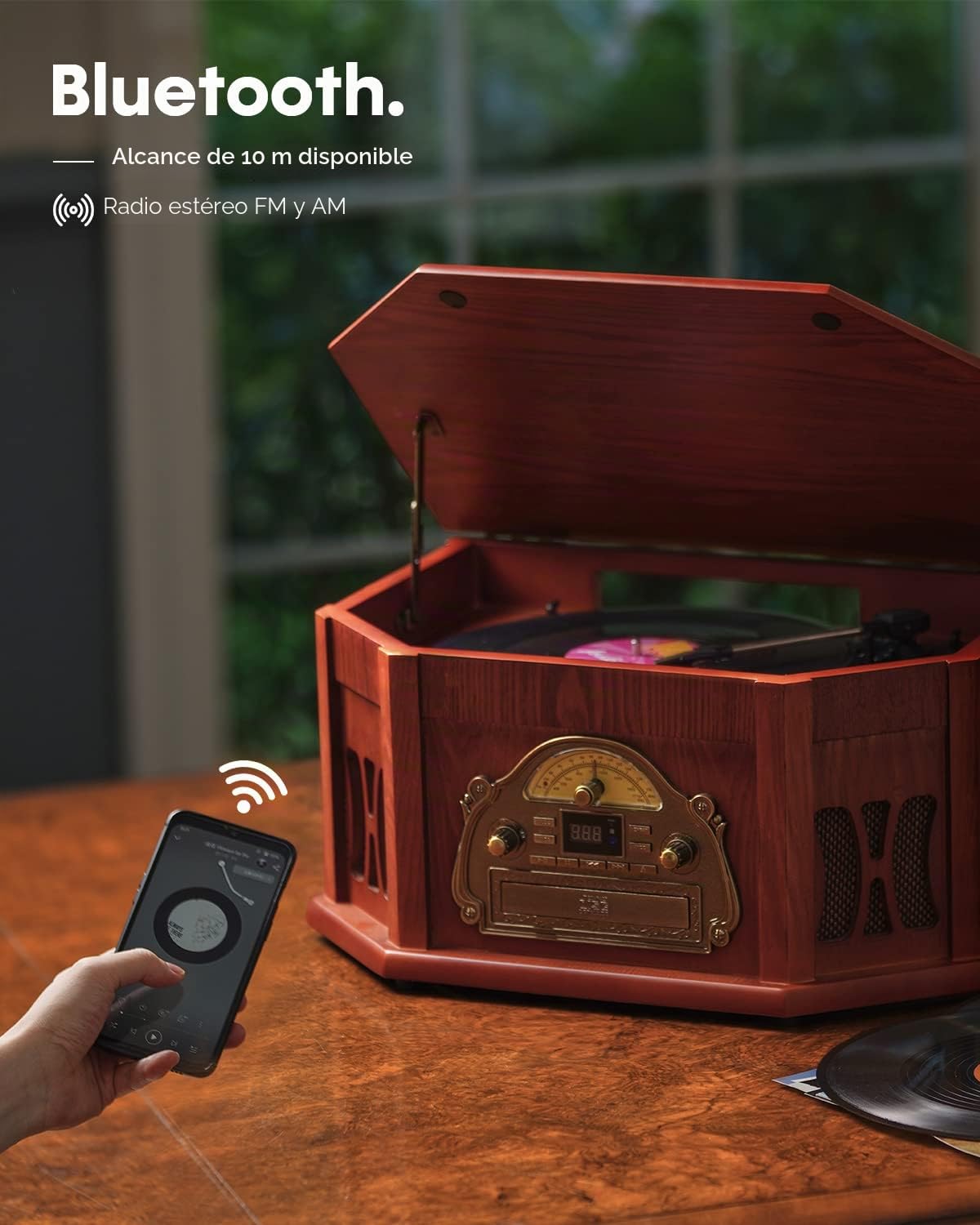 ORCC - Tocadiscos vintage 10 en 1, con tarjeta de regalo, tocadiscos de vinilo para 33/45/78 RPM, reproducción de CD/USB/SD, Bluetooth y control remoto, radio FM/AM para amantes de la música, madera