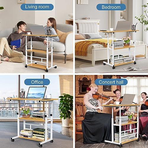 Image of PIPIPOXER 80 cm x 40 cm Computer Desk with Wheels, Laptop Table, Height Adjustable 74.5-95.5 cm, Small PC Table, Computer Desk, Standing Table, Mobile with 4 Wheels and 2 Shelves, Dark Wood