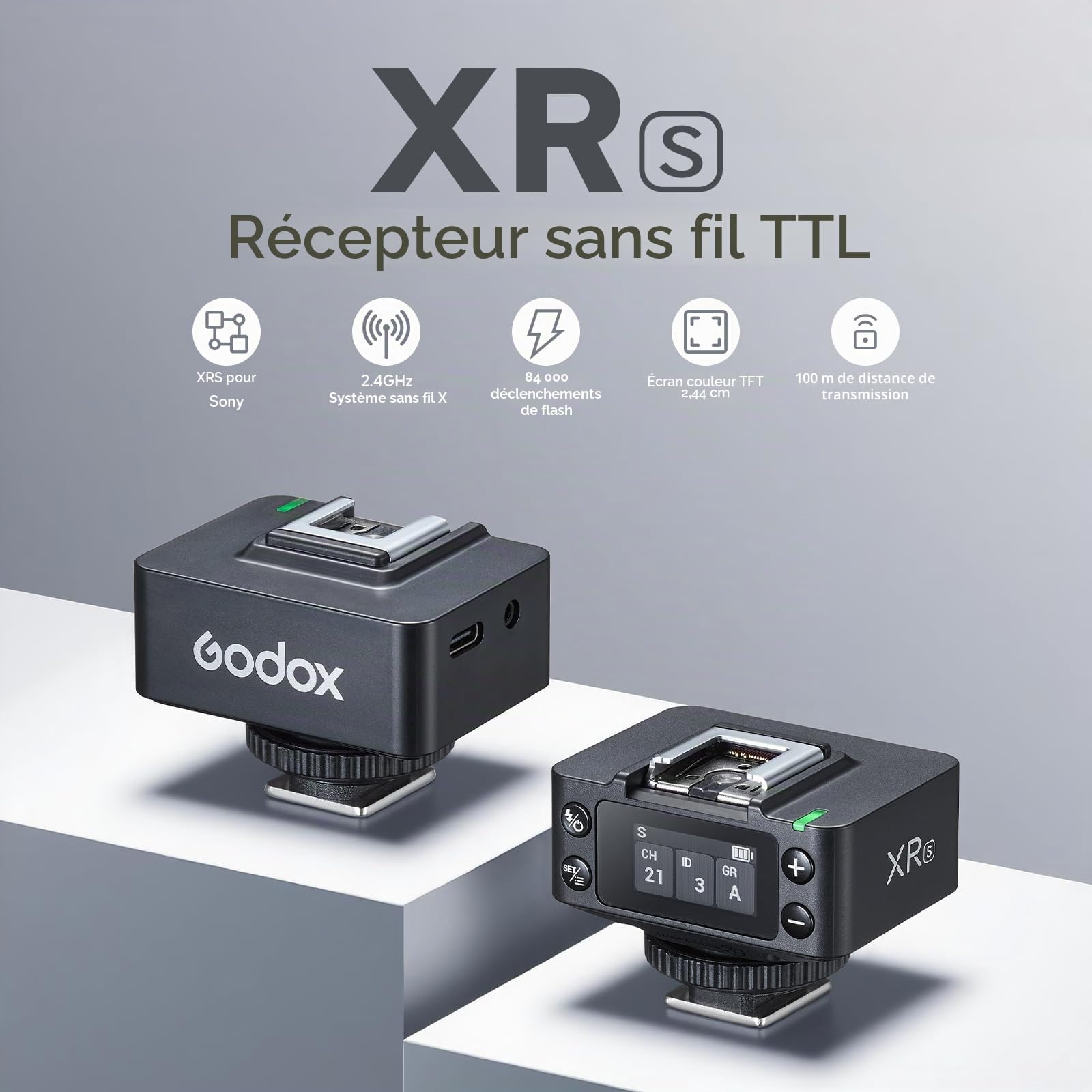 Godox XR S XR-S TTL Récepteur sans Fil pour Appareil Photo Sony, Mise à Niveau du Godox X1R-S, 2,4G HSS Déclencheur à Distance, Sync avec X3/X3Pro émetteur, Batterie Intégrée, Ecran Couleur Lumineux