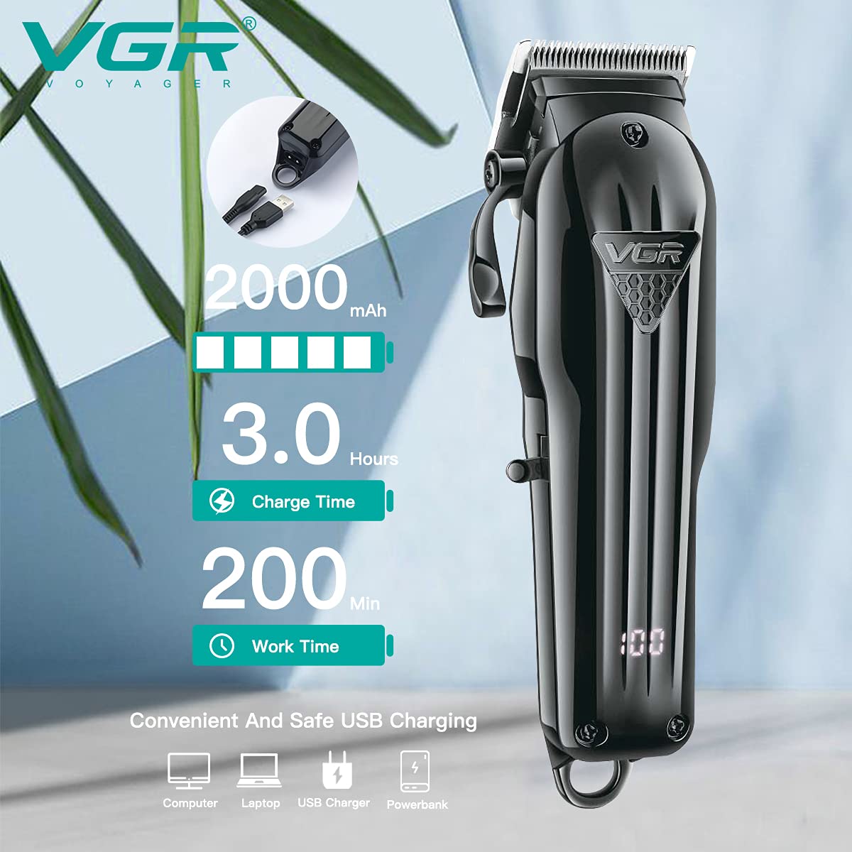 Image showing the VGR V-282 hair clipper's battery capacity (2000mAh), charging time (3 hours), and working time (200 minutes), with icons for compatible charging methods.