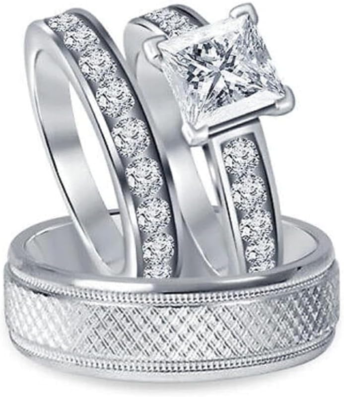 2 Ct Princess Cut Diamond Mens & Ladies Matching Wedding Band Trio Ring Set 14K White Gold Plated
