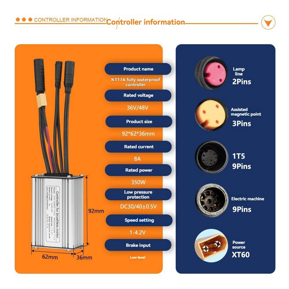 Controller per bicicletta elettrica con luce 1T5 KT-15A, regolatore a sinusoidale impermeabile, accessorio per bicicletta elettrica e monopattino elettrico.
