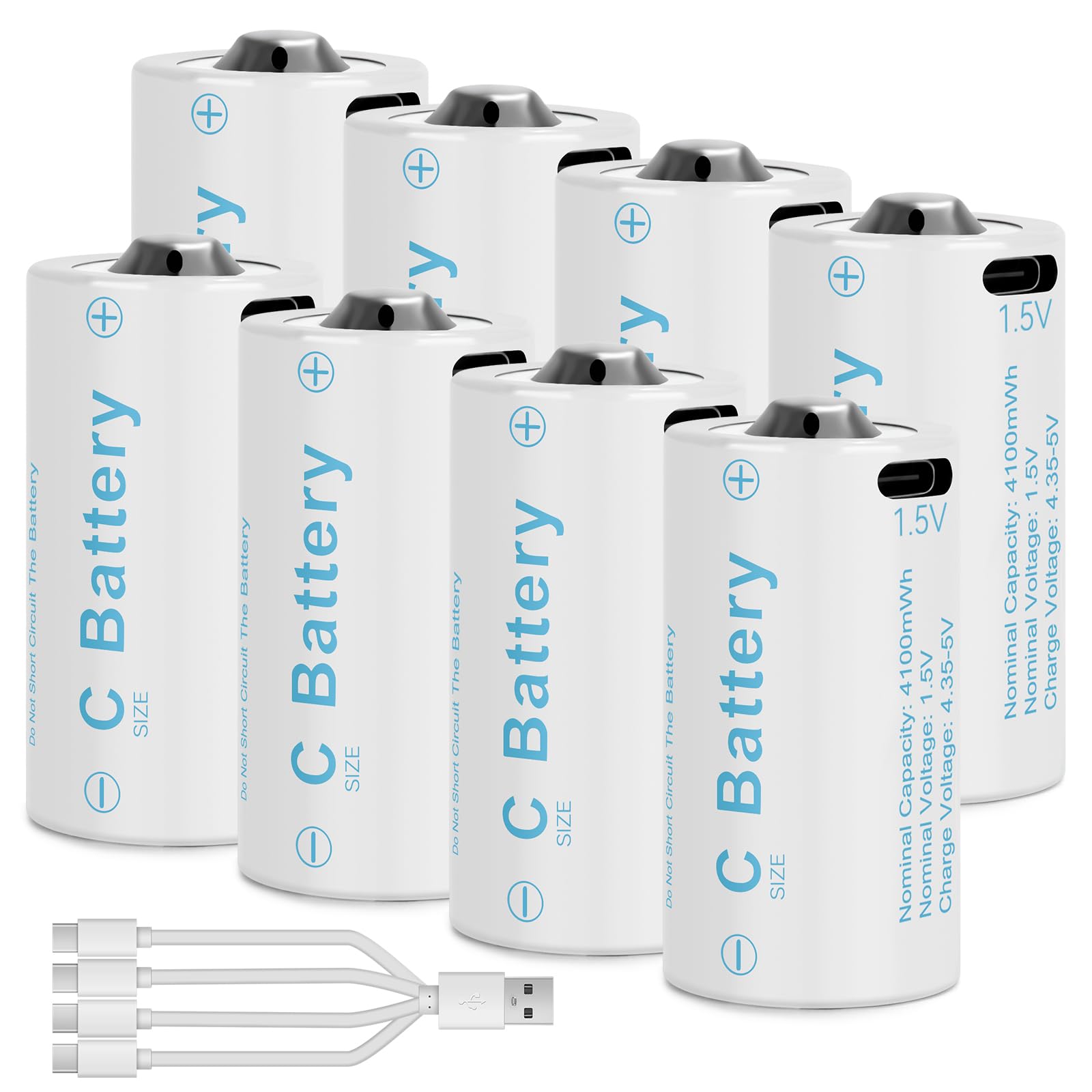 C Batteries C Size Rechargeable Lithium Batteries, 8 Pack LR14 4100mWh 1.5V USB-C Charging for Toys and Floodlights (8 Pack)