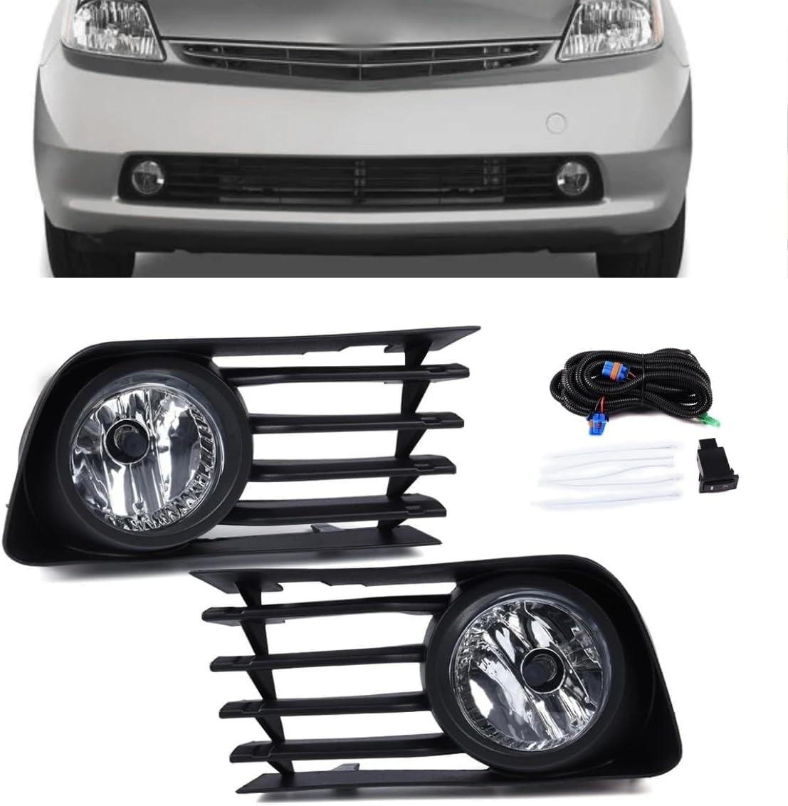 Pair of Front Bumper Fog Driving Light Kit with Switch & Wiring for 2004-2009 Prius | Complete Plug & Play Installation
