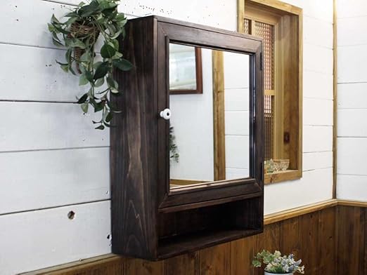 Amazon Co Jp ミラーキャビネット 木製ひのき アンティーク調家具 ミラー扉 洗面所収納 背板付き 48 15 58cm ダークブラウン 受注製作 ホーム キッチン