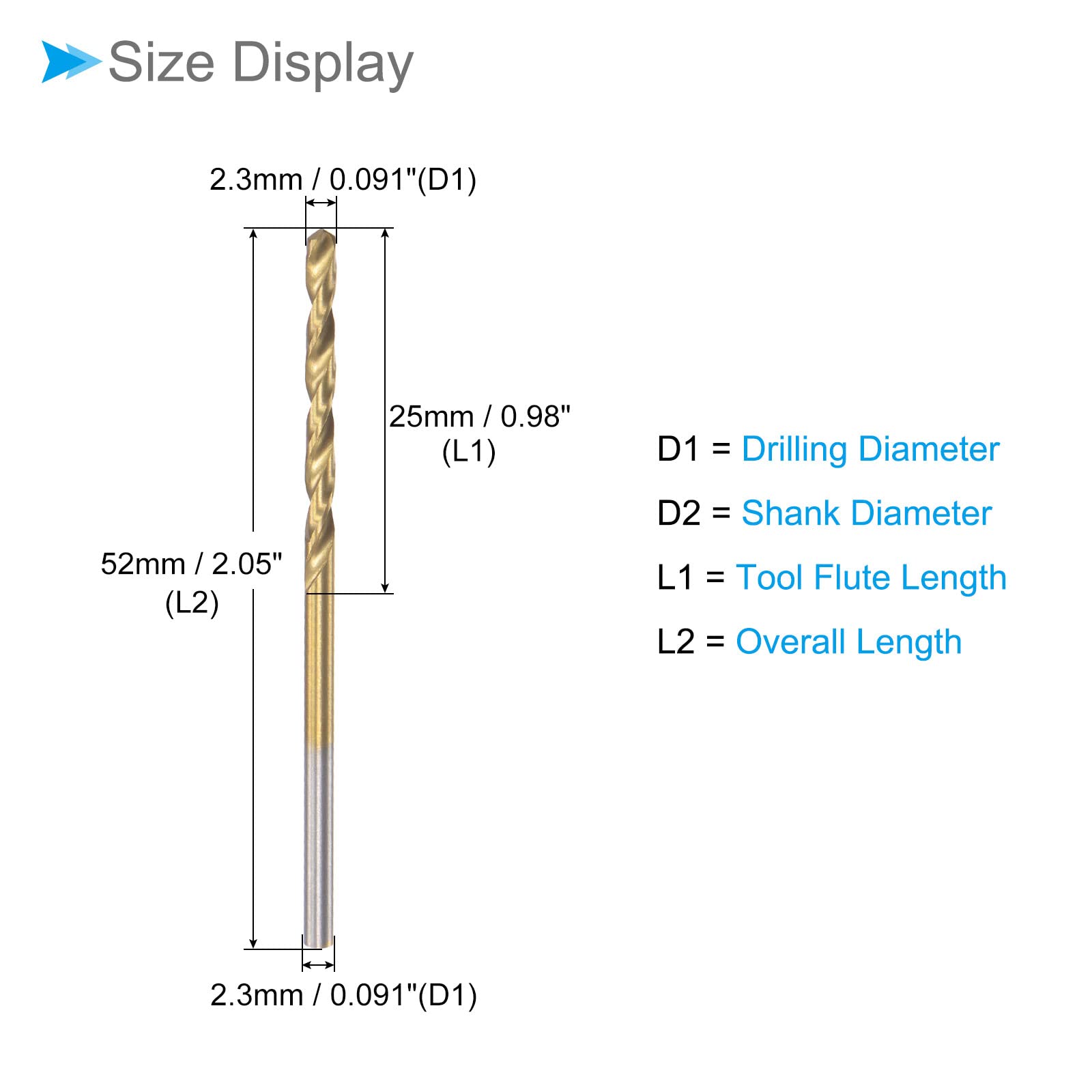 CoCud Twist Drill Bits, 2.3mm Drilling Diameter, Titanium Coated High Speed Steel 6542 Straight Round Shank - Image 2