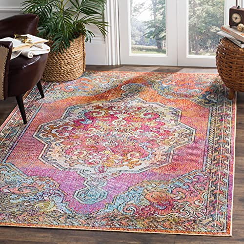 SAFAVIEH Crystal Collection CRS502A Boho Chic Oriental Medallion Distressed Non-Shedding Living Room Bedroom Accent Area Rug, 3' x 5', Orange / Light Blue