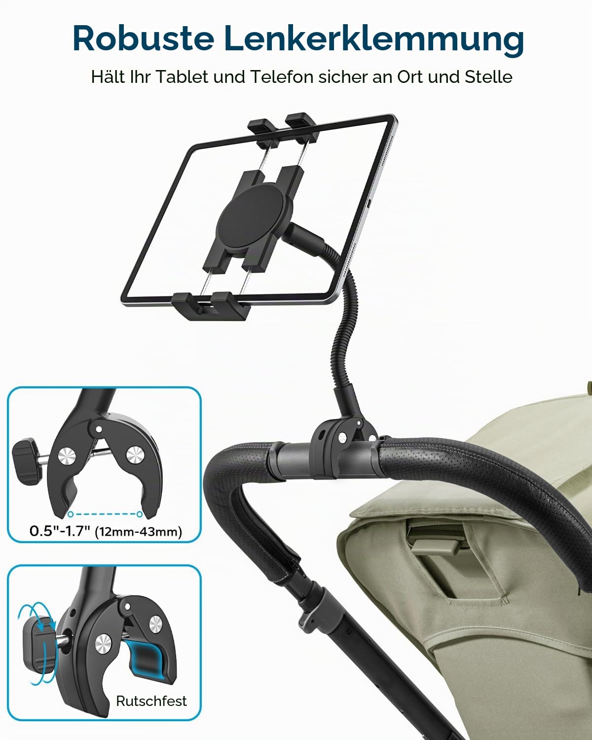 GDZN Laufband Tablet Halterung, [Stabil & Sicher] Lenker Tablet Halter Klemme für Spin Bike Heimtrainer Rollstuhl Kinderwagen für 4.7-13 Zoll Geräte, iPad Pro 12.9, Air, Mini, Galaxy Tabs, iPhone