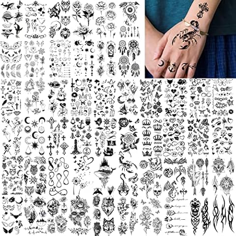 Geweir 52 Blätter Klein Schwarz Temporäre Tattoos Damen Kinder Finger Hände, Klebetattoos Erwachsene Tattoos Zum Aufkleben Frauen Männer, Fake Klebe Tattoo Aufkleber Mond Tiere Blume Schädel Vorlagen Cover