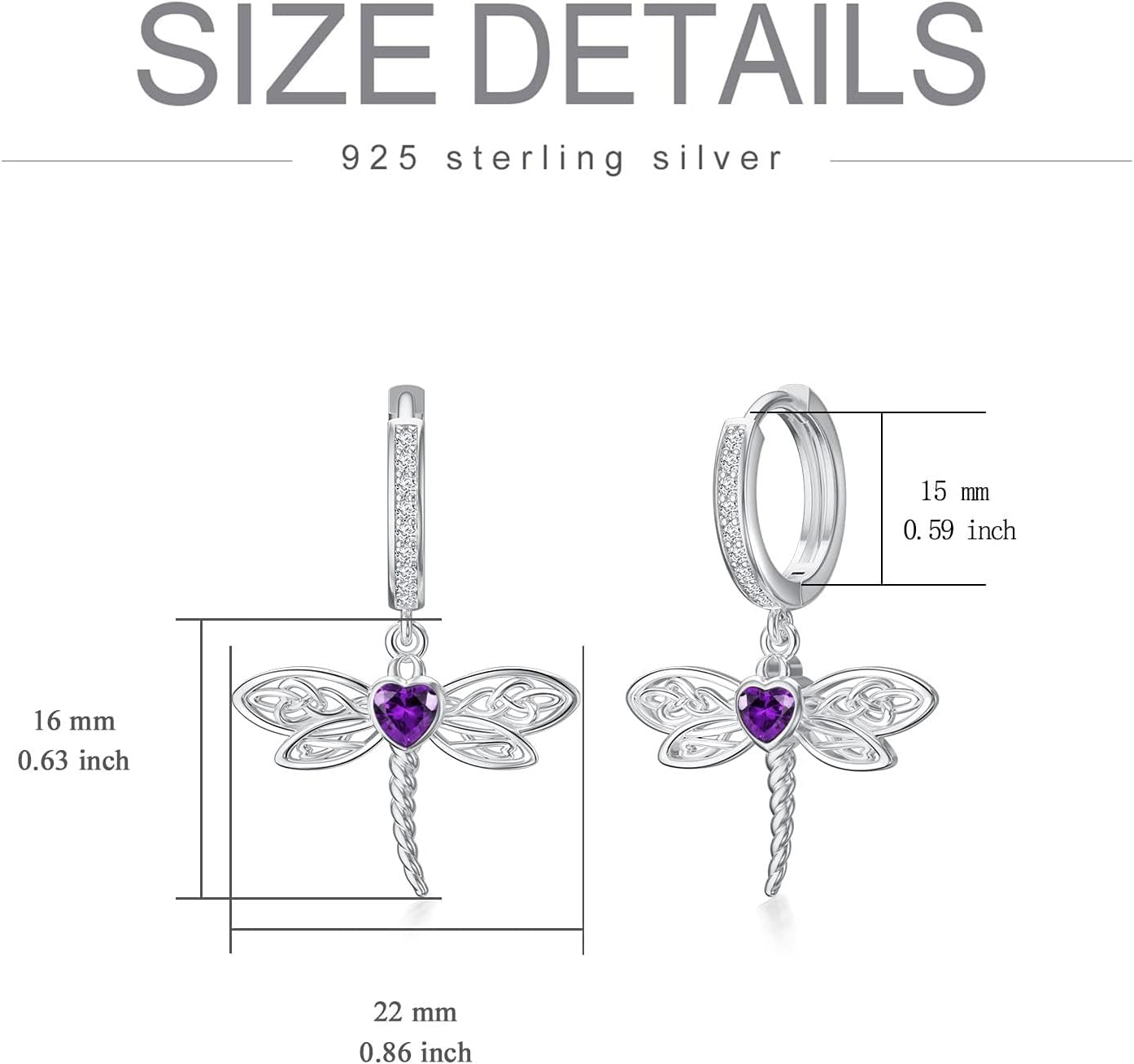 Dragonfly 925 Sterling Silver Heart Celtic Huggie Hoop Dangle Earrings crystal Birthstone Jewelry for women Mother’s Day Birthday Gift for Sister Mom wife Dragonfly Lovers