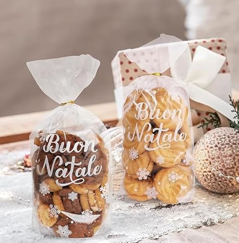 100Pz Sacchetti Cellophane Plastica per Regalo di Natale, Trasparenti, Fiocco di Neve, Scritte Buon Natale, Decorazione Natalizie per Confetti Biscotti Caramelle Legami Torsione