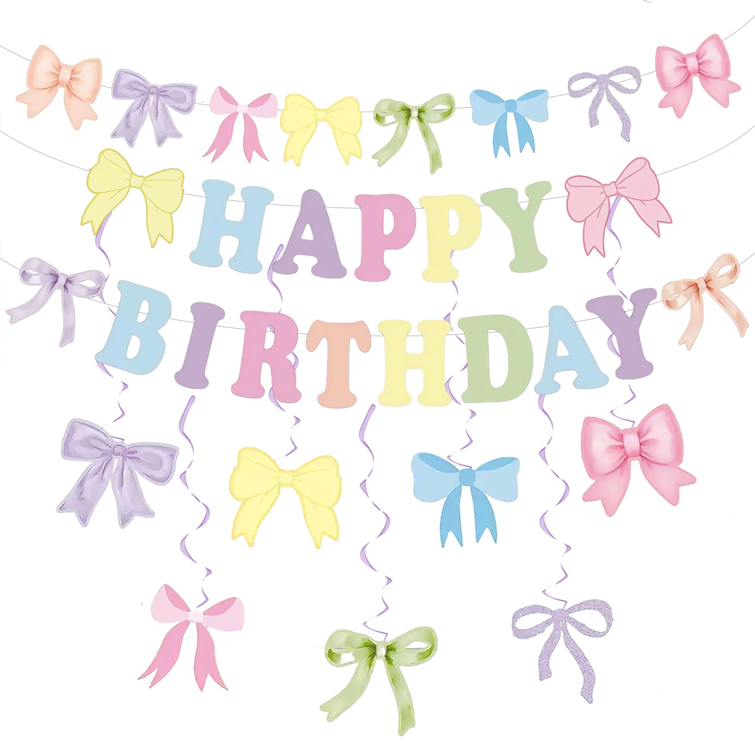 FIGCY 1 Set Colorful Bow Birthday Banner Hanging Swirls Set for Girls Birthday Party Baby Shower Pastel Pink Theme Party Decorations